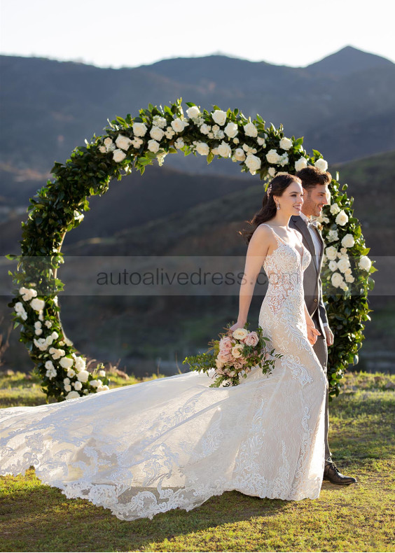 Long Sleeve Beaded Ivory Lace Tulle Deep V Buttons Back Wedding Dress